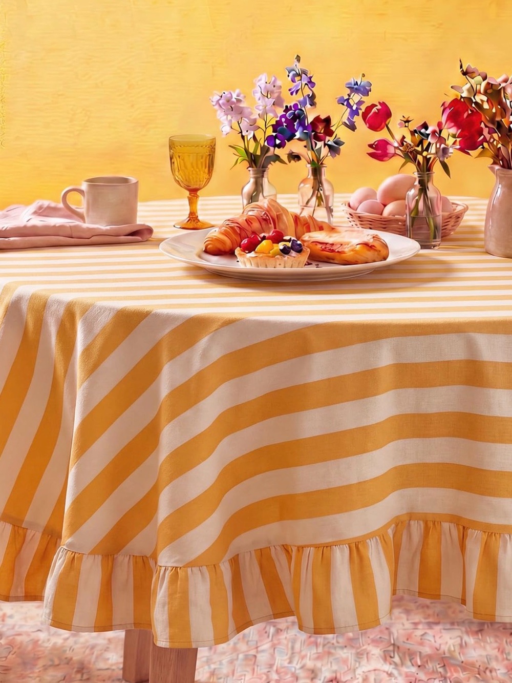 Striped Yellow & Cream Ruffled round Tablecloth - Home Dining 60”